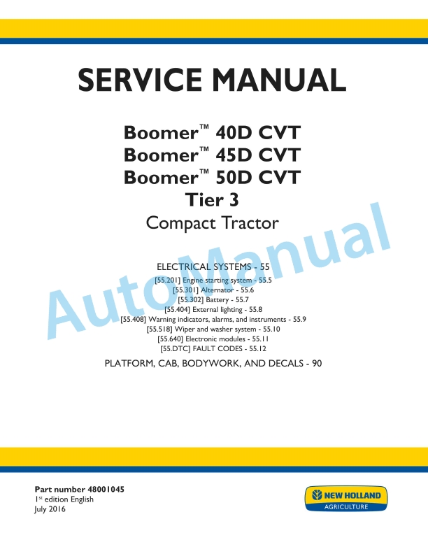 New Holland 40D CVT, 45D CVT, 50D CVT Boomer Tier 3 Compact Tractor Service Manual 48001045