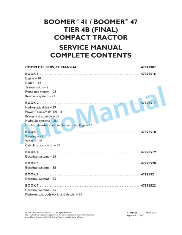 New Holland 41, 47 Boomer Tier 4B Final Compact Tractor Service Manual 47998523