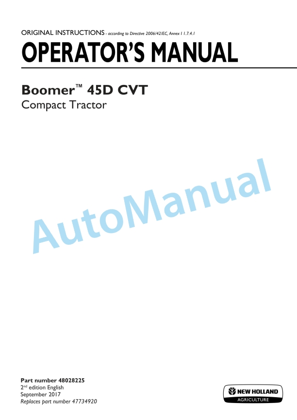 New Holland 45D CVT Boomer Compact Tractor Operation and Maintenance Manual 48028225
