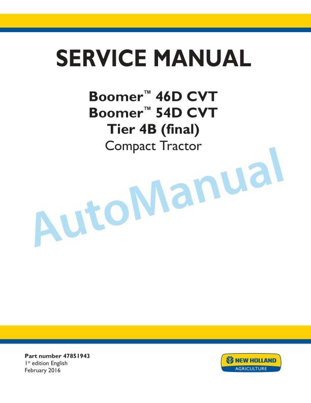 New Holland 46D CVT, 54D CVT Boomer Tier 4B Final Compact Tractor Service Manual 47851943 1 New Holland 46D CVT, 54D CVT Boomer Tier 4B Final Compact Tractor Service Manual 47851943