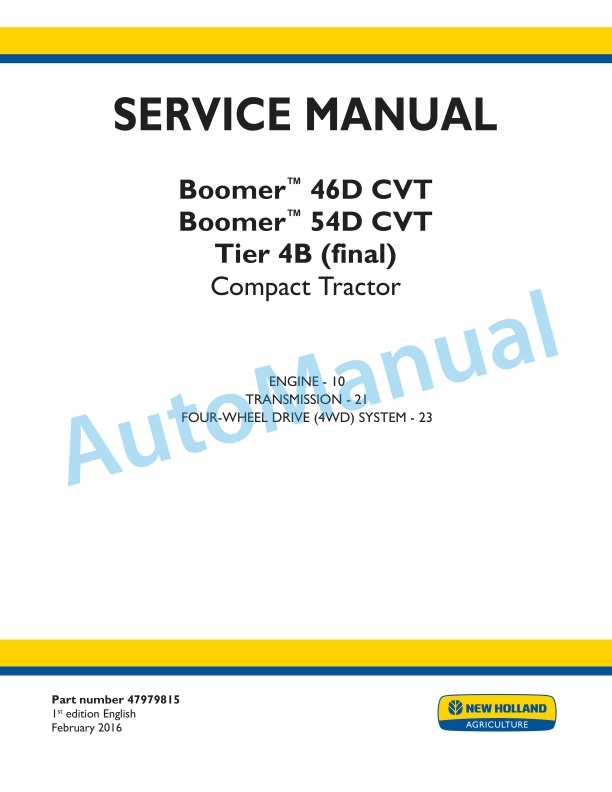 New Holland 46D CVT, 54D CVT Boomer Tier 4B Final Compact Tractor Service Manual 47979815 1 New Holland 46D CVT, 54D CVT Boomer Tier 4B Final Compact Tractor Service Manual 47979815