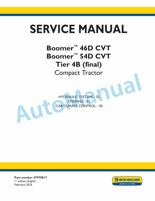 New Holland 46D CVT, 54D CVT Boomer Tier 4B Final Compact Tractor Service Manual 47979817 1 New Holland 46D CVT, 54D CVT Boomer Tier 4B Final Compact Tractor Service Manual 47979817