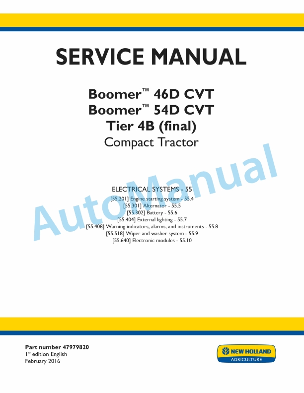 New Holland 46D CVT, 54D CVT Boomer Tier 4B Final Compact Tractor Service Manual 47979820 1 New Holland 46D CVT, 54D CVT Boomer Tier 4B Final Compact Tractor Service Manual 47979820