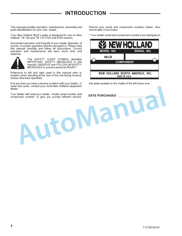 New Holland 46LB Series Quick Attach Farm Loader Operation and Maintenance Manual 87022293 2 New Holland 46LB Series Quick Attach Farm Loader Operation and Maintenance Manual 87022293-2