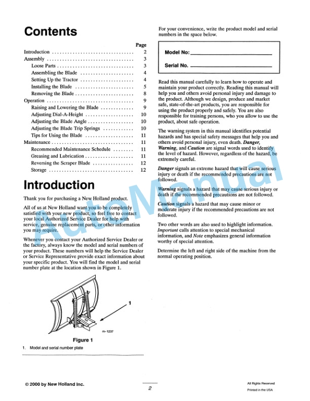 New Holland 48 Snow Blade Operation and Maintenance Manual 86619977 2 New Holland 48 Snow Blade Operation and Maintenance Manual 86619977-2