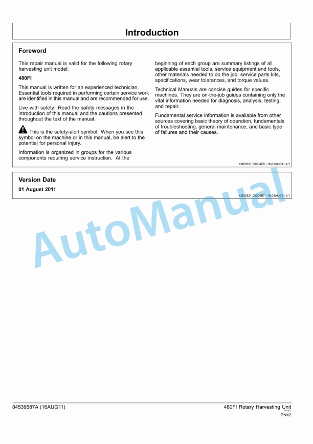 New Holland 480FI Rotary Harvester Repair Manual 84539587A 1 New Holland 480FI Rotary Harvester Repair Manual 84539587A