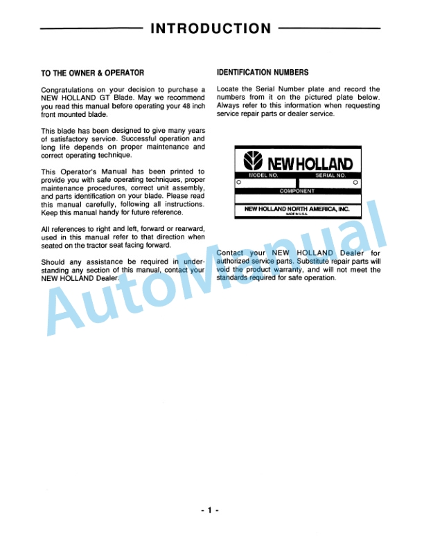 New Holland 48in Front Blade GT65, GT75, GT85, GT95 Tractor Operation and Maintenance Manual 42680150 2 New Holland 48in Front Blade GT65, GT75, GT85, GT95 Tractor Operation and Maintenance Manual 42680150-2