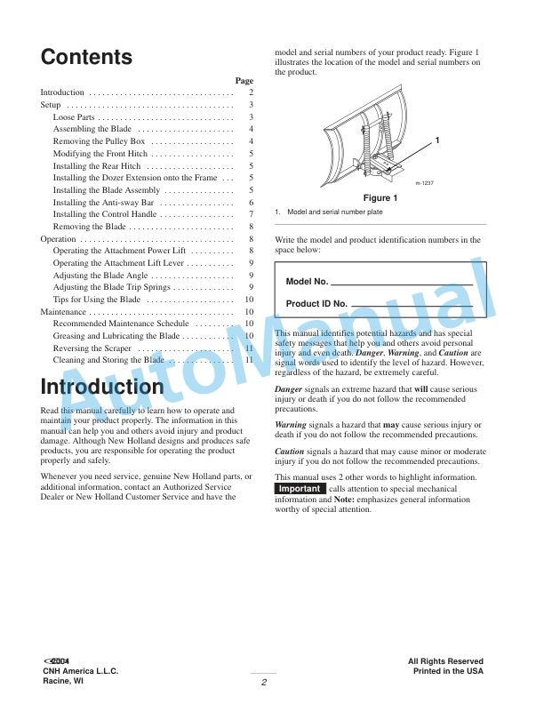 New Holland 48in Snow-Dozer Blade Operation and Maintenance Manual 87040097 2 New Holland 48in Snow-Dozer Blade Operation and Maintenance Manual 87040097-2