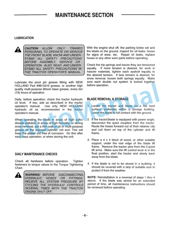 New Holland 5 Foot Front Blade For MC Tractor Operation and Maintenance Manual 86605781 3 New Holland 5 Foot Front Blade For MC Tractor Operation and Maintenance Manual 86605781 - Image 3
