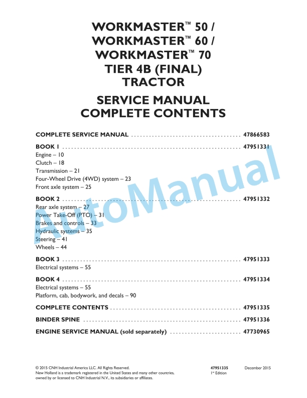 New Holland 50, 60, 70 Workmaster Tier 4B Final Tractor Service Manual 47951335 1 New Holland 50, 60, 70 Workmaster Tier 4B Final Tractor Service Manual 47951335