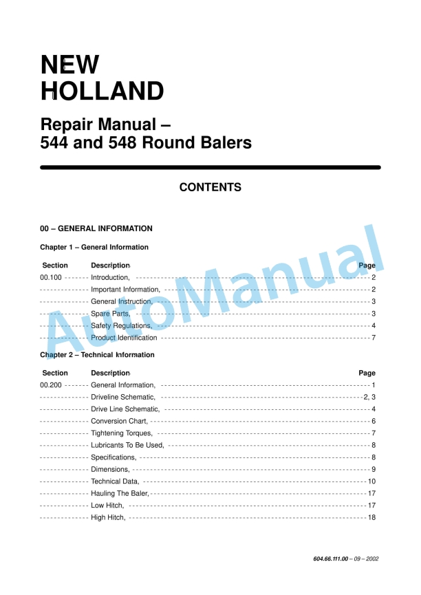 New Holland 544, 548 Round Baler Repair Manual 6046611100 1 New Holland 544, 548 Round Baler Repair Manual 6046611100