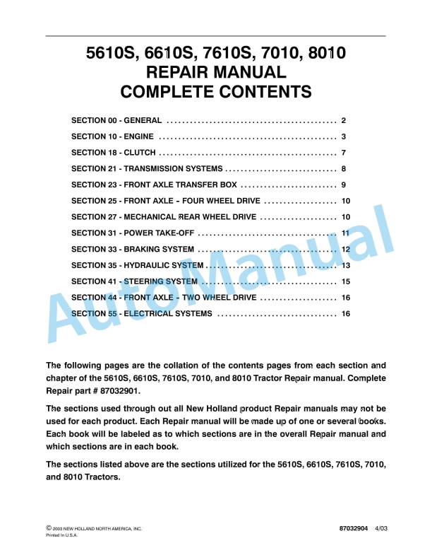 New Holland 5610S, 6610S, 7610S, 7010, 8010 Tractor Repair Manual 87032904 1 New Holland 5610S, 6610S, 7610S, 7010, 8010 Tractor Repair Manual 87032904