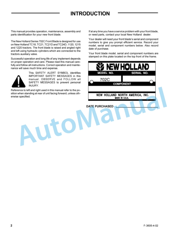 New Holland 702C Series 1120, 1215, 1220, TC18, TC21, TC21D, TC24D Tractor Operation and Maintenance Manual 87014674 2 New Holland 702C Series 1120, 1215, 1220, TC18, TC21, TC21D, TC24D Tractor Operation and Maintenance Manual 87014674-2
