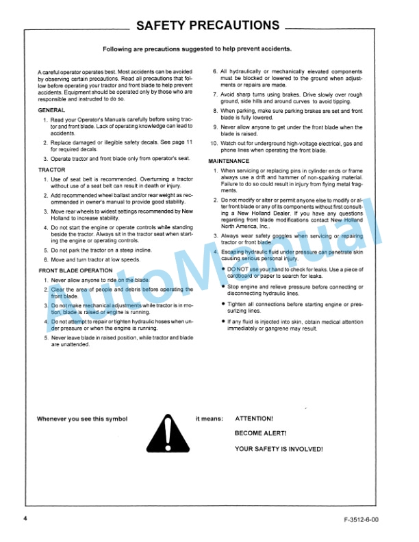 New Holland 702C Series Front Blade Operation and Maintenance Manual 86615960 3 New Holland 702C Series Front Blade Operation and Maintenance Manual 86615960-3