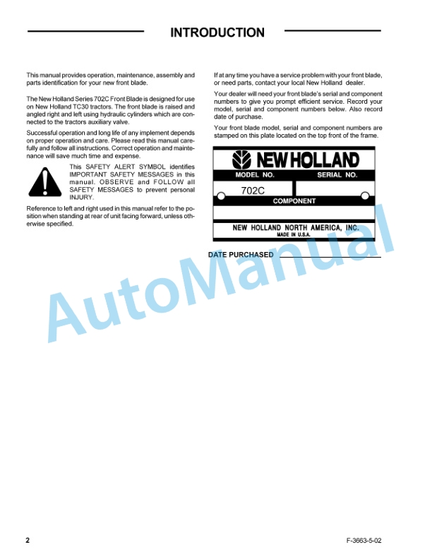 New Holland 702C Series Front Blade Operation and Maintenance Manual 87012637 2 New Holland 702C Series Front Blade Operation and Maintenance Manual 87012637-2