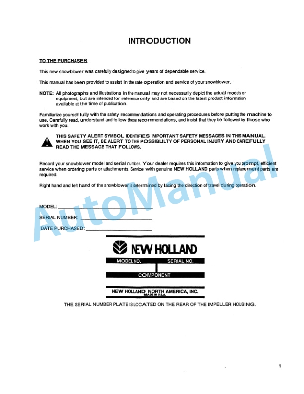 New Holland 716B Series 48in, 60in Front Mount Snowblower Attachment Operation and Maintenance Manual 42871660 2 New Holland 716B Series 48in, 60in Front Mount Snowblower Attachment Operation and Maintenance Manual 42871660-2