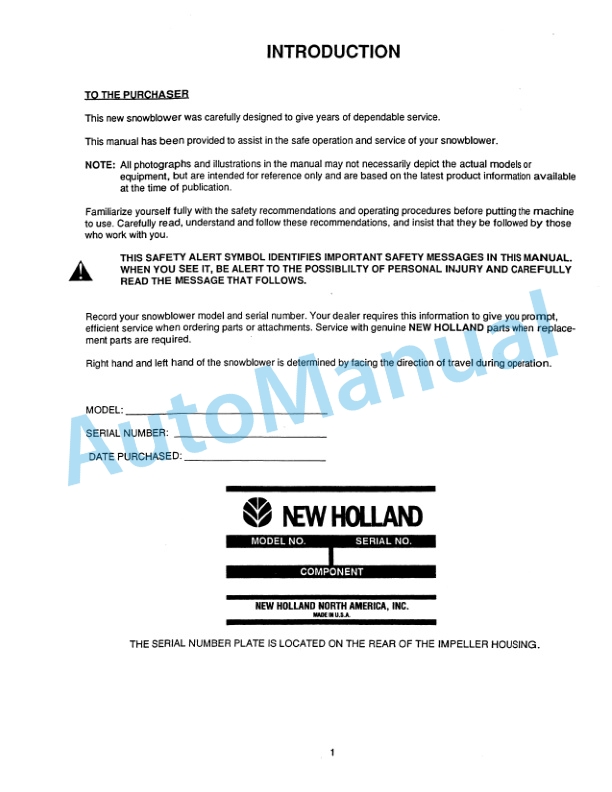 Alternative view of New Holland 716C Series 72in, 84in Front Mount Snowblower Attachment Operation and Maintenance Manual 42871740