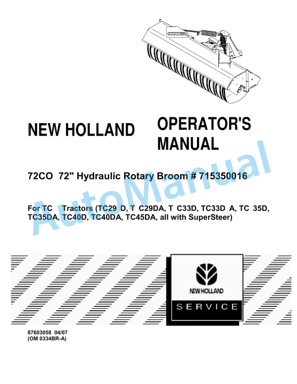 New Holland 72CO 72in Hydraulic Rotary Broom Operation and Maintenance Manual 87603058
