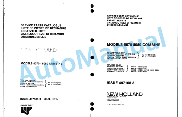 New Holland 8070, 8080 Combine Service Parts Catalogue 497108 1 New Holland 8070, 8080 Combine Service Parts Catalogue 497108