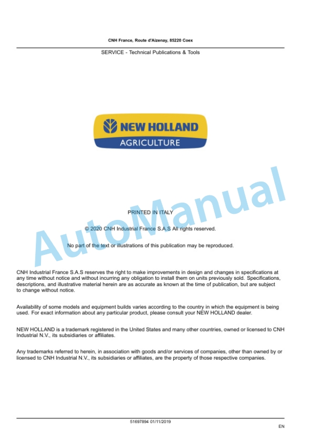 New Holland 9050L, 9050L High, 9050LL, 9070L, 9070L High, 9070LL, 9070M, 9090L High, 9090LL Grape Harvester Service Manual 51697894 2 New Holland 9050L, 9050L High, 9050LL, 9070L, 9070L High, 9070LL, 9070M, 9090L High, 9090LL Grape Harvester Service Manual 51697894 - Image 2