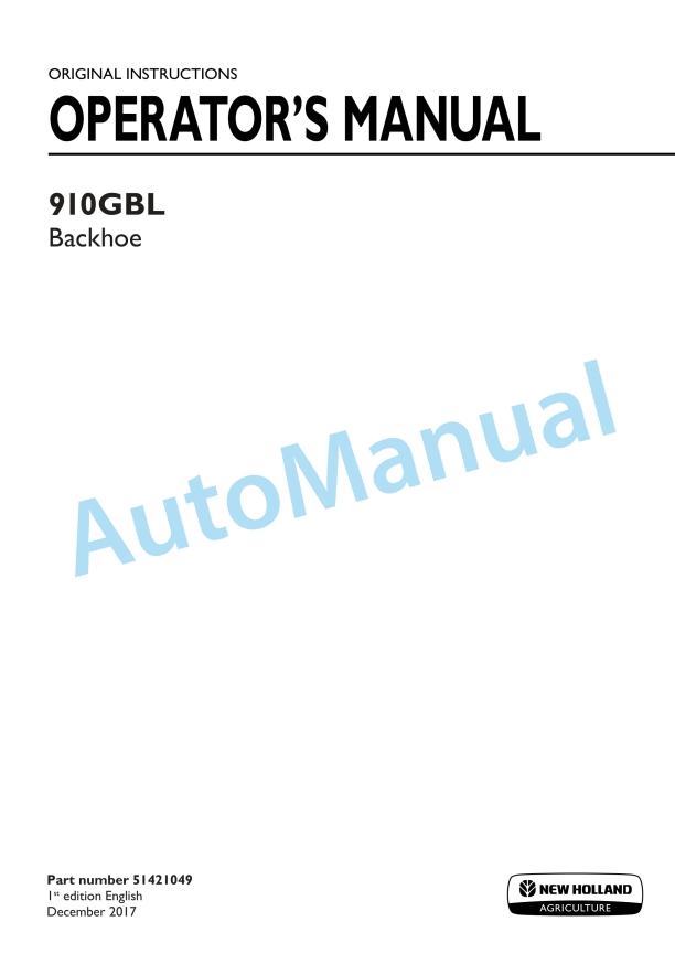 New Holland 910GBL Backhoe Operation and Maintenance Manual 51421049