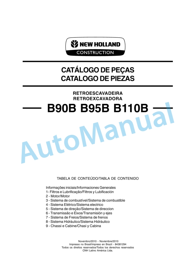 New Holland B90B, B95B, B110B Backhoe Loader Parts Catalogue 84381294