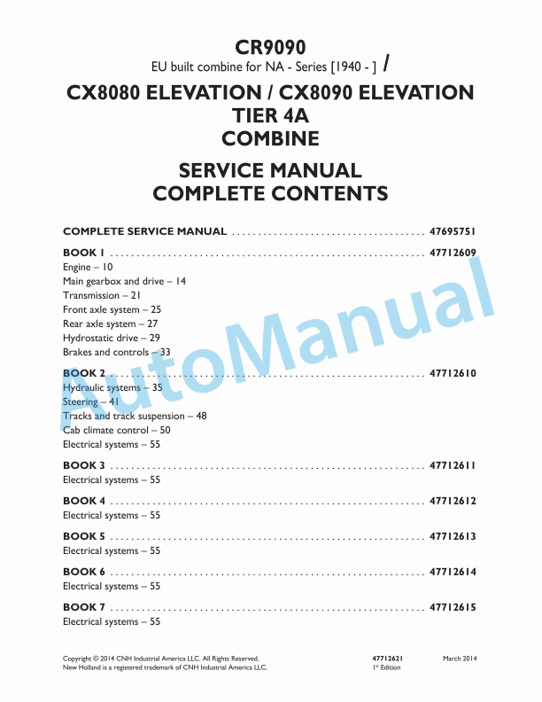 New Holland CR9090, CX8080, CX8090 Elevation Tier 4A Combine Service Manual 47712621