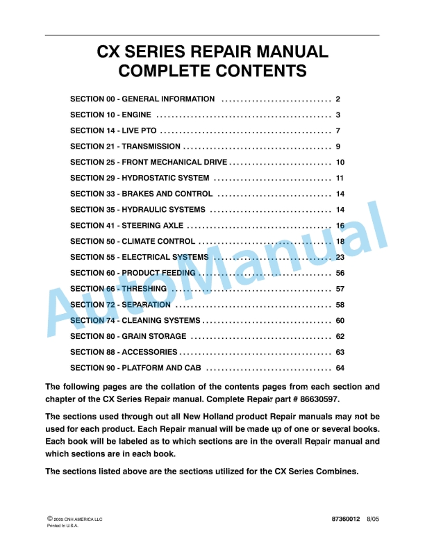 New Holland CX Series Repair Manual 87360012