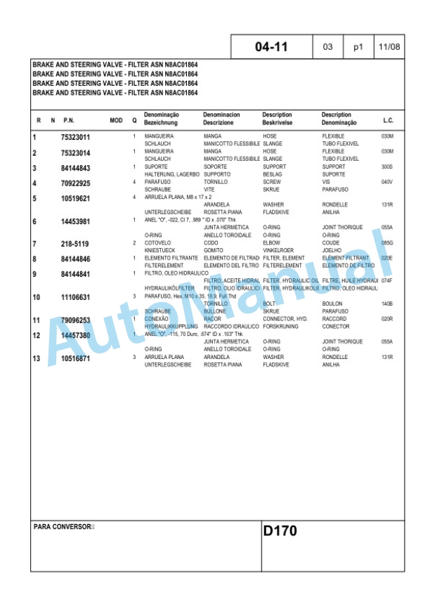 New Holland D170 Crawler Tractor Parts Catalogue 84224843 BR 4 New Holland D170 Crawler Tractor Parts Catalogue 84224843 BR-4