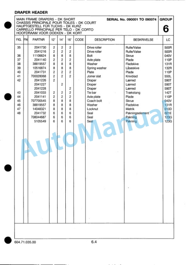 New Holland Draper Header Parts Catalogue 6047103500 2 New Holland Draper Header Parts Catalogue 6047103500-2