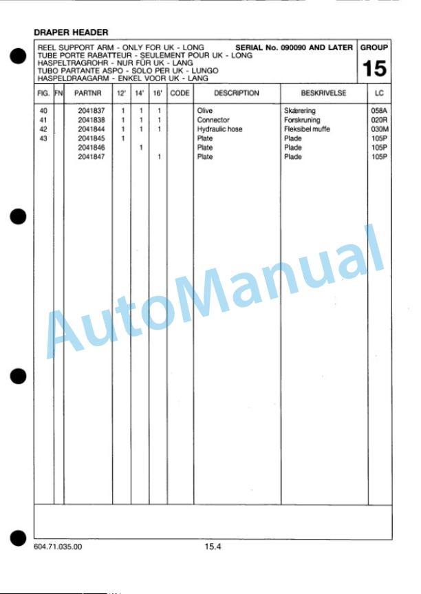 New Holland Draper Header Parts Catalogue 6047103500 3 New Holland Draper Header Parts Catalogue 6047103500-3