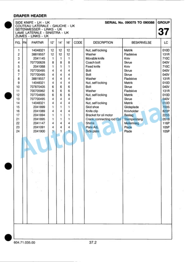 New Holland Draper Header Parts Catalogue 6047103500 5 New Holland Draper Header Parts Catalogue 6047103500-5