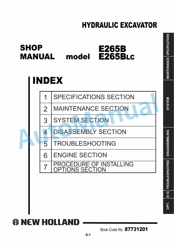 New Holland E265B, E265BLC Hydraulic Excavator Shop Manual 87731201