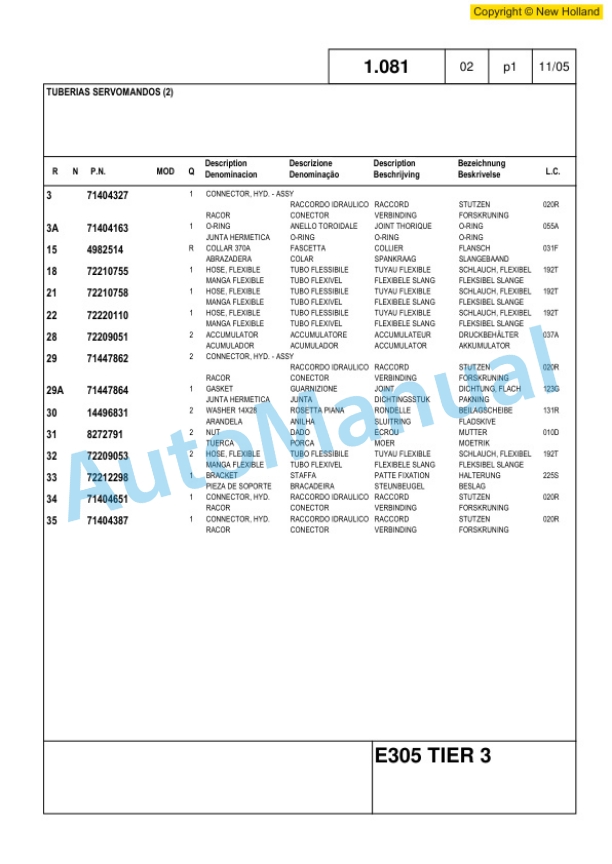 New Holland E305 Excavator Parts Catalogue 6040434300 3 New Holland E305 Excavator Parts Catalogue 6040434300-3