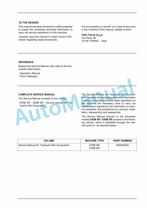 New Holland E45B SR, E50B SR Hydraulic Mini Excavator Service Manual 84526500A