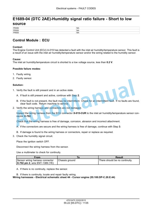 New Holland FR450, FR500, FR600, FR700, FR850 Forage Harvester Service Manual 47849563 2 New Holland FR450, FR500, FR600, FR700, FR850 Forage Harvester Service Manual 47849563-2