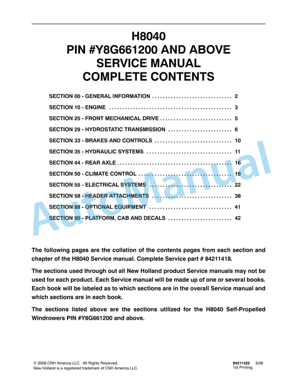 New Holland H8040 Seft-Propelled Windrower Service Manual 84211425