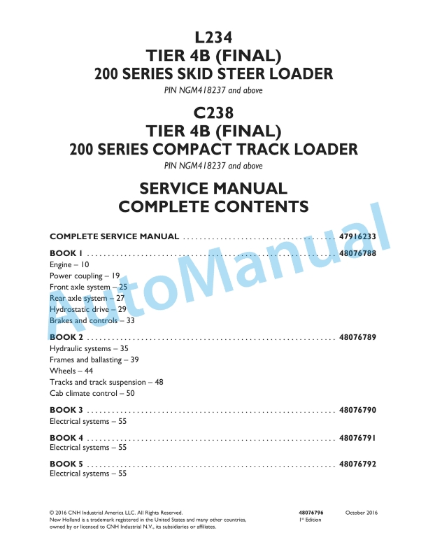 New Holland L234 Tier 4B Final 200 Series Skid Steer Loader - C238 Tier 4B Final 200 Series Compact Track Loader Service Manual 48076796