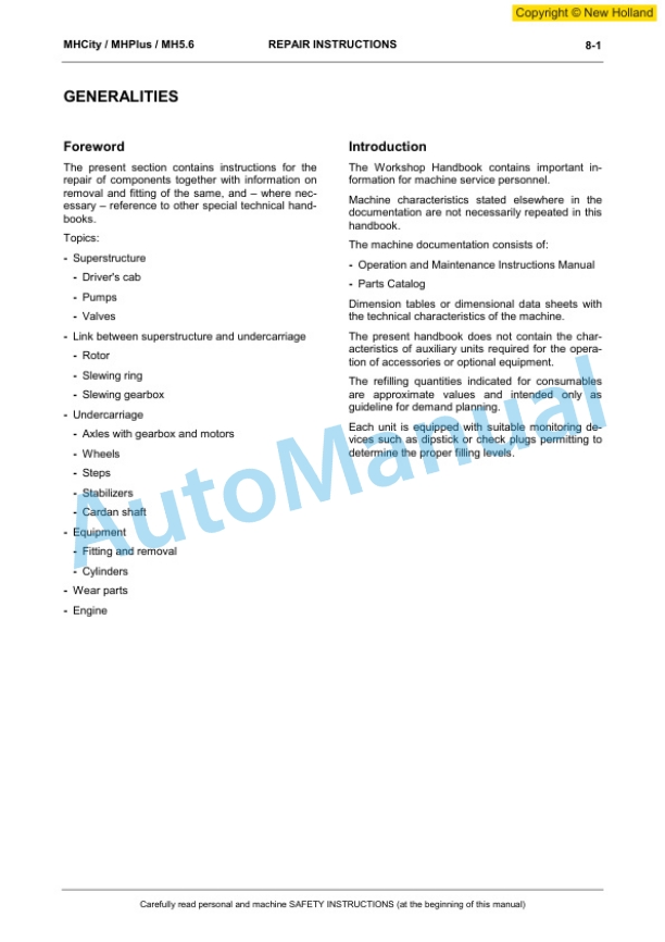 New Holland MH City, MH Plus, MH 5.6 Hydraulic Excavator Workshop Manual 60413557EN 5 New Holland MH City, MH Plus, MH 5.6 Hydraulic Excavator Workshop Manual 60413557EN-5