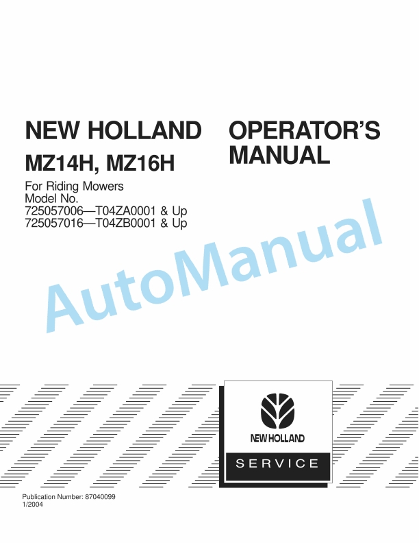 New Holland MZ14H, MZ16H Operation and Maintenance Manual 87040099