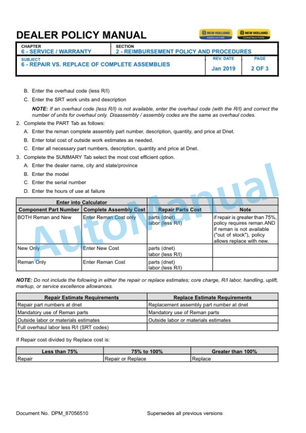 New Holland Section 6 Service, Warranty - North American Dealer Warranty Policy Dealer Policy Manual 87056510 2 New Holland Section 6 Service, Warranty - North American Dealer Warranty Policy Dealer Policy Manual 87056510 - Image 2