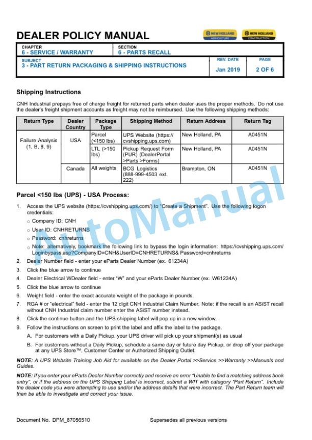 New Holland Section 6 Service, Warranty - North American Dealer Warranty Policy Dealer Policy Manual 87056510 4 New Holland Section 6 Service, Warranty - North American Dealer Warranty Policy Dealer Policy Manual 87056510 - Image 4