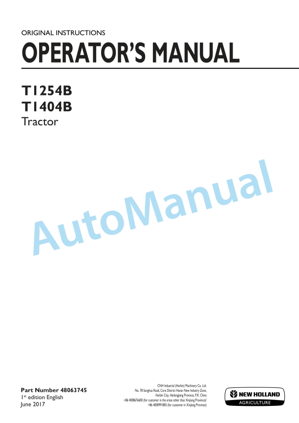 New Holland T1254B, T1404B Tractor Operation and Maintenance Manual 48063745