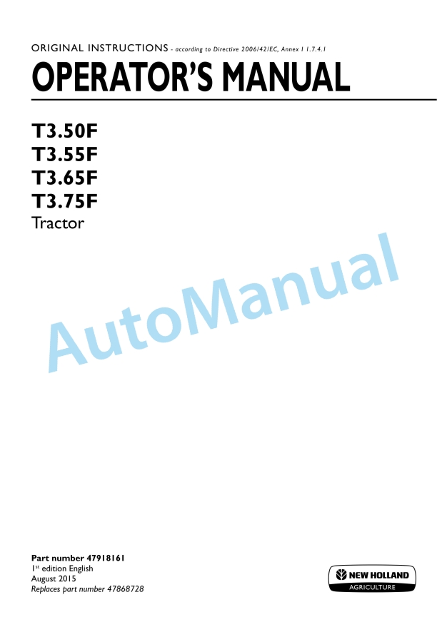 New Holland T3.50F, T3.55F, T3.65F, T3.75F Tractor Operation and Maintenance Manual 47918161