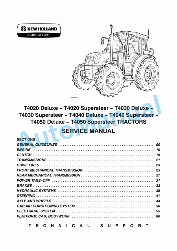 New Holland T4020 Deluxe, T4020 Supersteer, T4030 Deluxe, T4030 Supersteer, T4040 Deluxe, T4040 Supersteer, T4050 Deluxe, T4050 Supersteer Tractor Service Manual 87666787A1