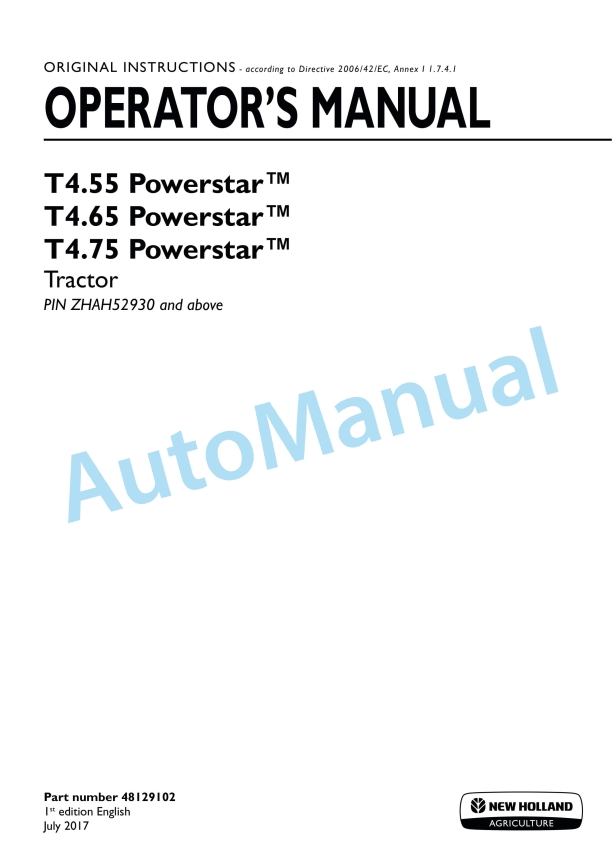 New Holland T4.55, T4.65, T4.75 PowerStar Series Tractor Operation and Maintenance Manual 48129102
