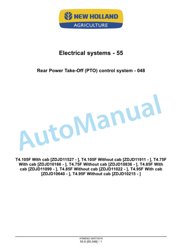 New Holland T4.75F, T4.85F, T4.95F, T4.105F Tier 3 Tractor Service Manual 48017754 4 New Holland T4.75F, T4.85F, T4.95F, T4.105F Tier 3 Tractor Service Manual 48017754 - Image 4