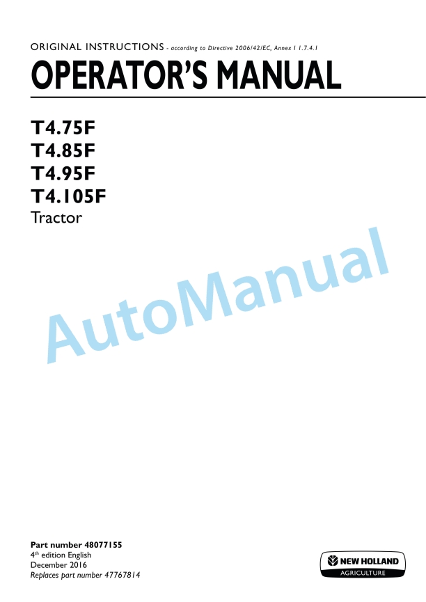 New Holland T4.75F, T4.85F, T4.95F, T4.105F Tractor Operation and Maintenance Manual 48077155