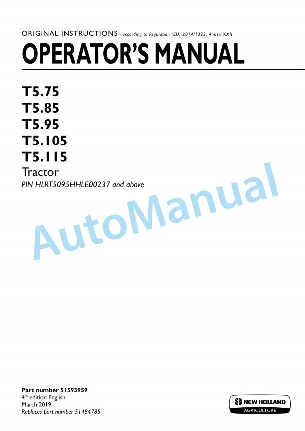 New Holland T5.75, T5.85, T5.95, T5.105, T5.115 Tractor Operation and Maintenance Manual 51593959
