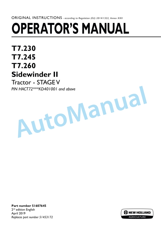New Holland T7.230, T7.245, T7.260 Sidewinder II Stage V Tractor Operation and Maintenance Manual 51607645